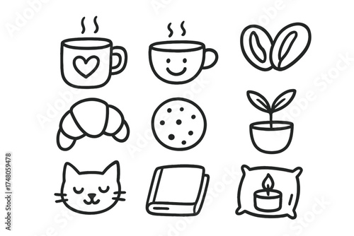 Coffee Doodle Icons. Coffee lovers doodle icon set: hand drawn icons of heart mug, smiley cup, bean heart, croissant, cookie,
