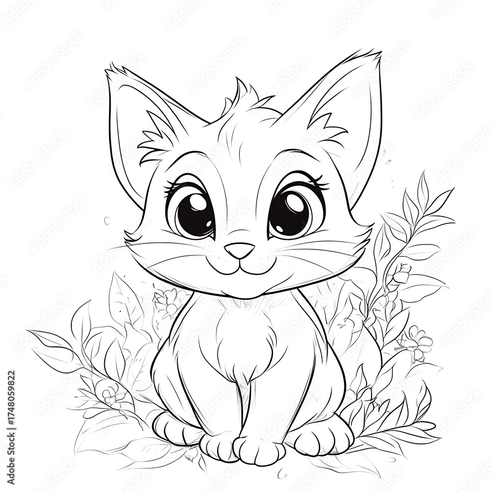 Fototapeta premium Adorable cartoon kitten with big eyes sitting amongst foliage in a simple line drawing style