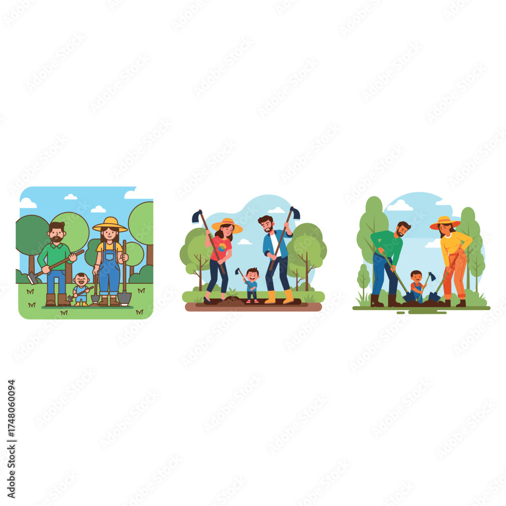 Fototapeta premium Illustrations depicting families gardening together, enjoying outdoor activities and teamwork.