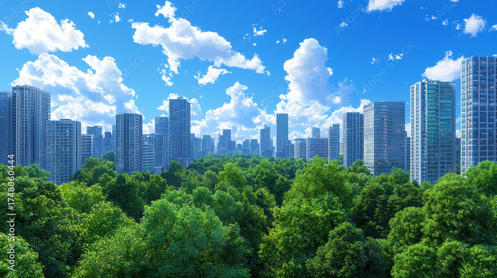 Fototapeta premium Vibrant city skyline surrounded by lush greenery under bright blue sky with fluffy clouds creates serene urban landscape
