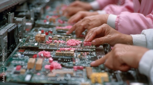 Workers carefully assemble electronic components onto printed circuit boards in a manufactu facility.