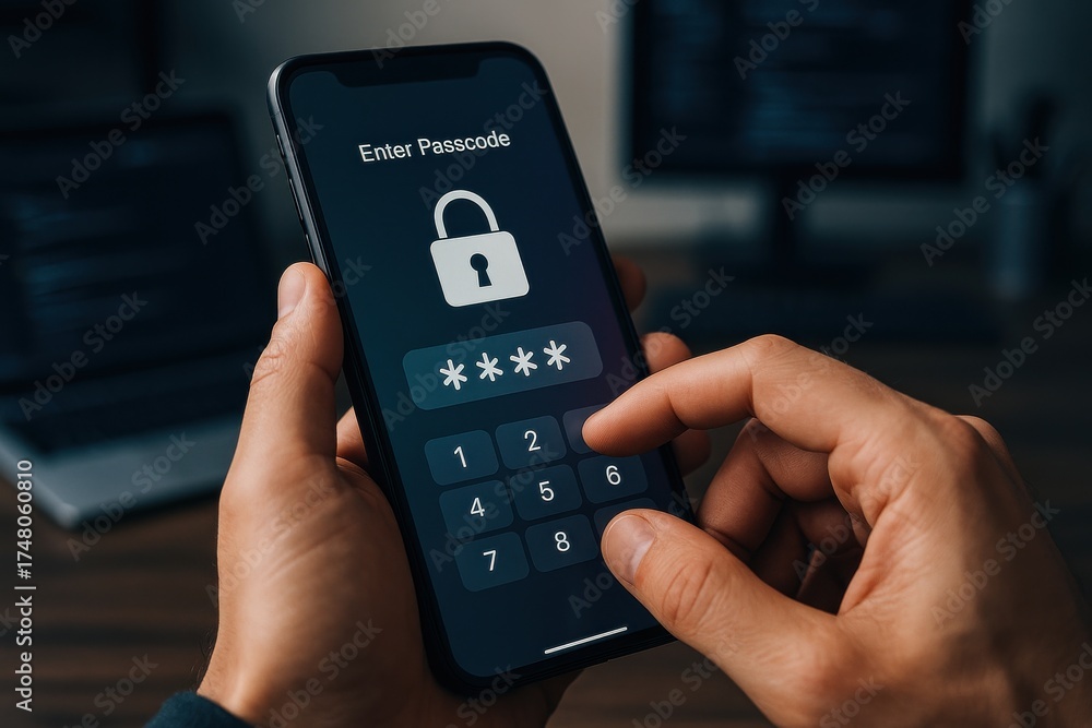 Obraz premium Close-up of a person entering passcode on smartphone screen with security lock symbol in modern workspace