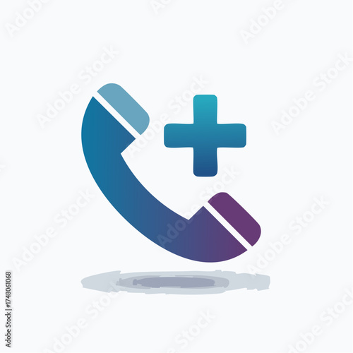 A stylized telephone handset icon with a plus symbol, representing communication, new contacts, or medical assistance.