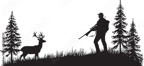 Striking Hunter and Deer Silhouette vector illustration featuring a skilled hunter aiming at a deer in a natural forest setting.