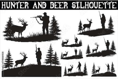 Striking Hunter and Deer Silhouette vector illustration featuring a skilled hunter aiming at a deer in a natural forest setting.