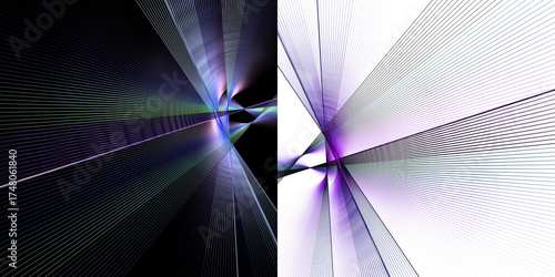 Blue, purple and green rays intersect and diverge radially on white and black backgrounds. Two abstract fractal backgrounds in one. 3D rendering. 3D illustration.