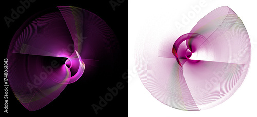 Purple abstract striped blades spin on white and black backgrounds. Set. Icon, logo, symbol, sign. 3D rendering. 3D illustration.