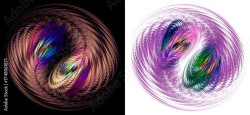Fluffy airy abstract colorful feather-like elements curled into a ball on white and black backgrounds. 3D rendering. 3D illustration.