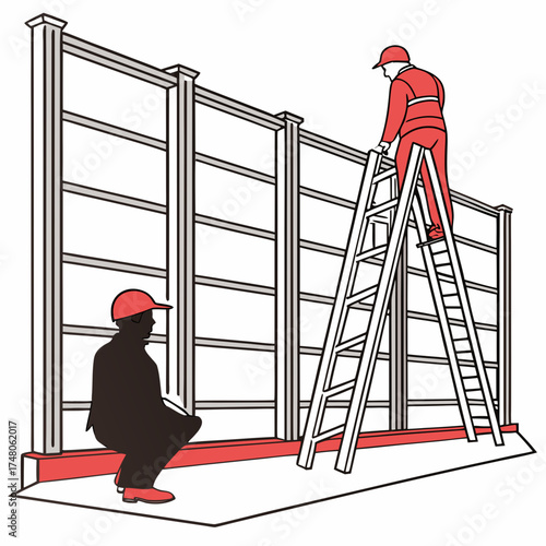 Construction workers installing a modern fence structure with one worker on a ladder and another on the ground