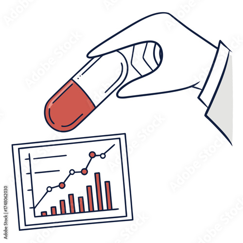 Hand holding a red and white capsule over a growing business chart with bars and line graph
