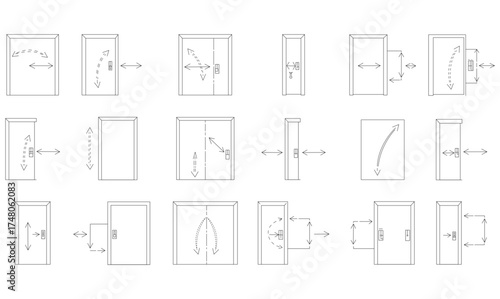 Architectural drawings of various door designs with dimensions and details