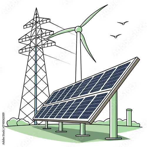 Illustration of renewable energy sources including a wind turbine and solar panels with power lines and birds