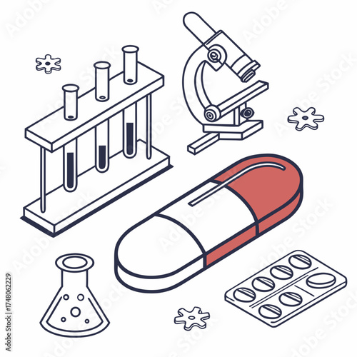Isometric illustration of medical research equipment including a microscope test tubes a pill and a blister pack