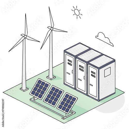 Isometric illustration of renewable energy sources including wind turbines and solar panels powering a data center