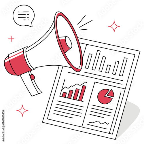 Megaphone announcing marketing report with charts and graphs for business promotion