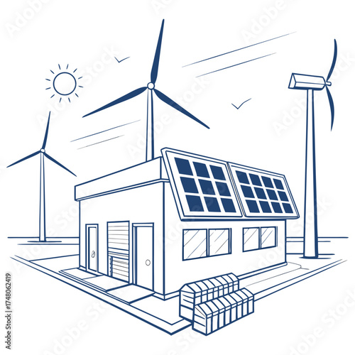 Modern building with solar panels and wind turbines representing renewable energy sources and sustainability