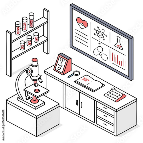 Modern laboratory setup with microscope test tubes and digital display showing medical research data