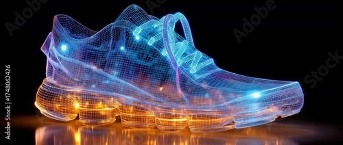 Modern footwear innovation with futuristic LED shoes and a complex wireframe design.