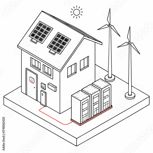 Modern house with solar panels and wind turbines generating clean renewable energy for the home