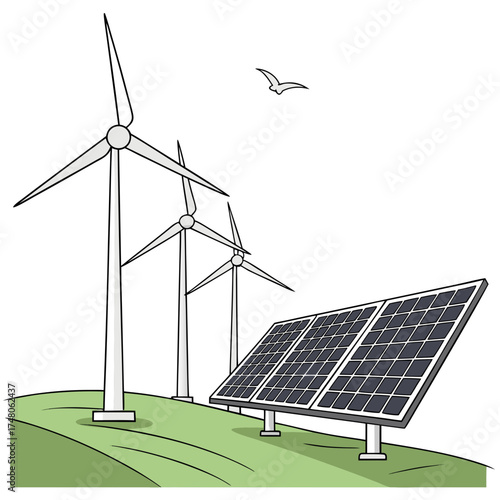 Modern renewable energy farm with wind turbines and solar panels on a grassy hill under a clear sky