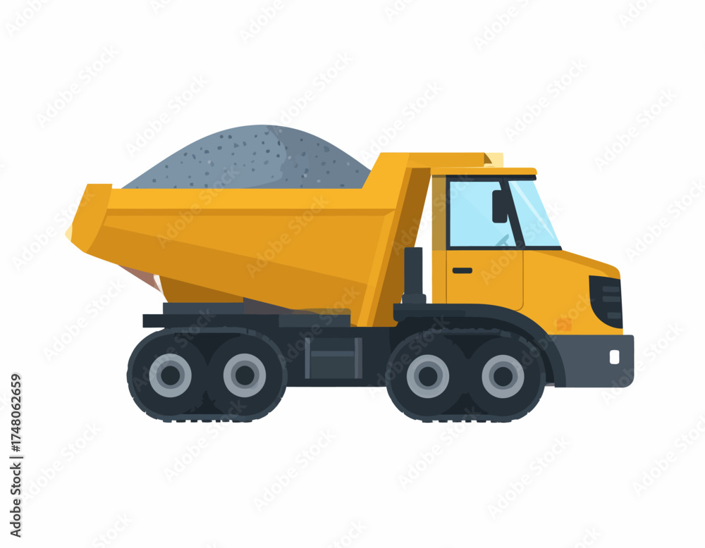 Naklejka premium A cartoon-style illustration of a yellow dump truck carrying a gray load on a white background.