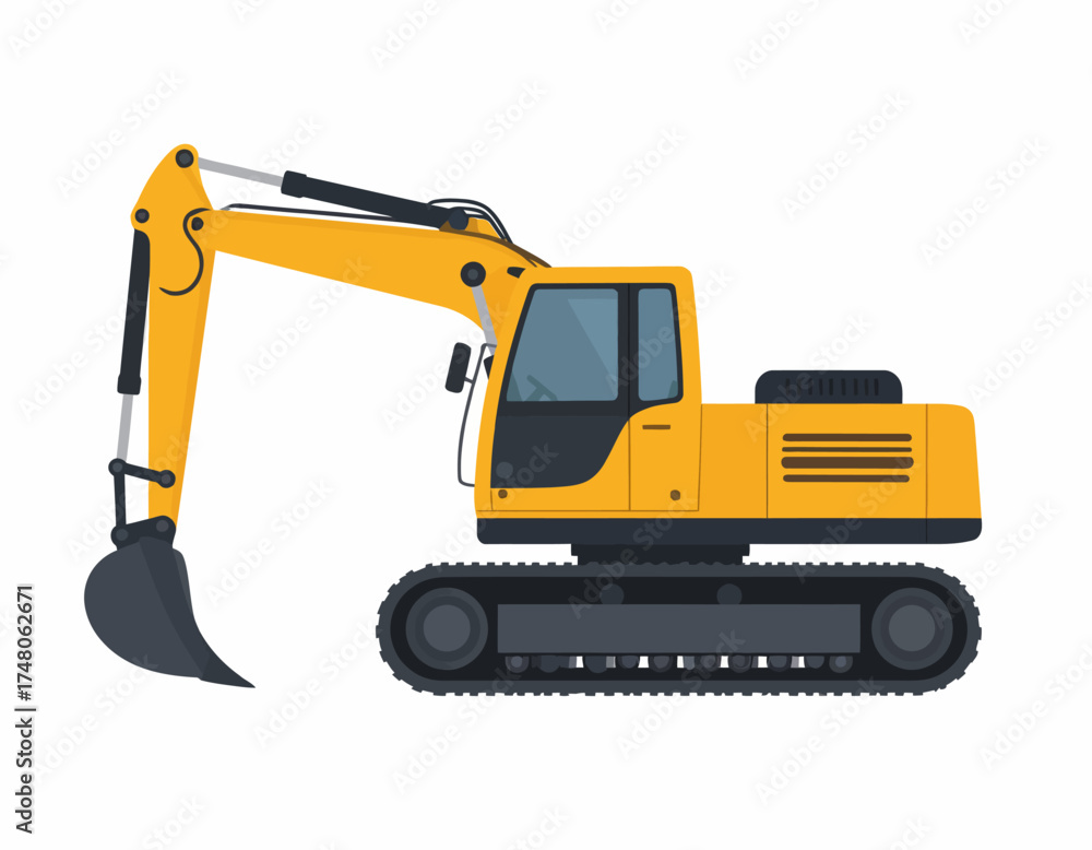 Fototapeta premium Illustration of a yellow excavator with a black undercarriage and bucket against a clean white background.