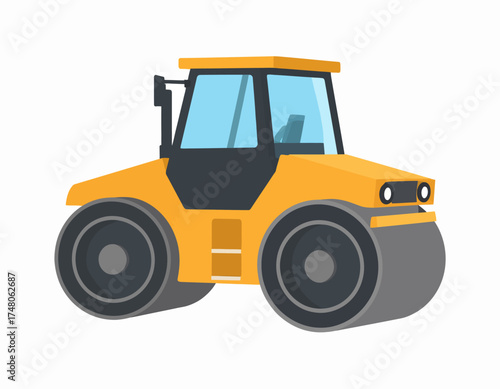 Flat illustration of a yellow road roller with a black and gray design on a white background.