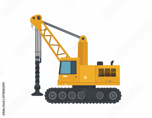 A yellow construction drilling machine with a long arm and black tracks on a white background.