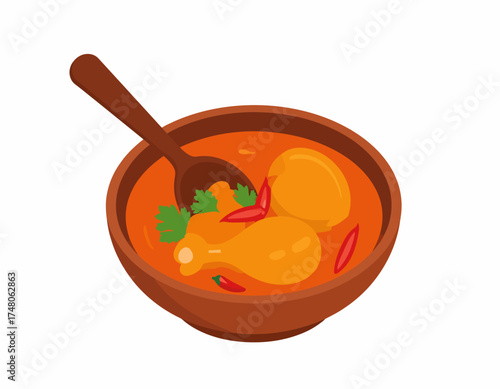 Flat lay illustration of a clay bowl filled with a spicy orange soup containing potatoes, herbs, and chili peppers with a wooden spoon.