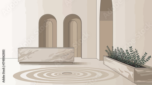 Interior illustration of a minimalist room with arched doorways and concentric circle design on the floor