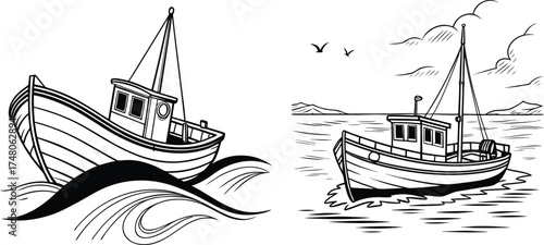 Traditional Fishing Boats Sailing on Gentle Ocean Waves  Vintage Marine Illustration