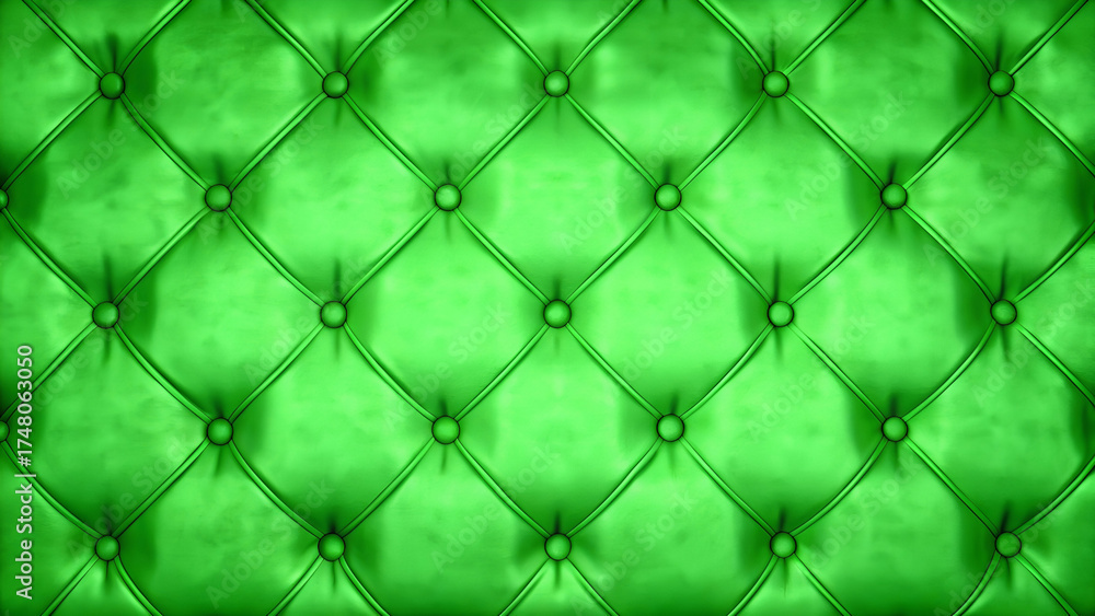 Obraz premium Luxurious vibrant emerald green tufted leather texture background with classic diamond pattern upholstery, perfect for elegant design projects.