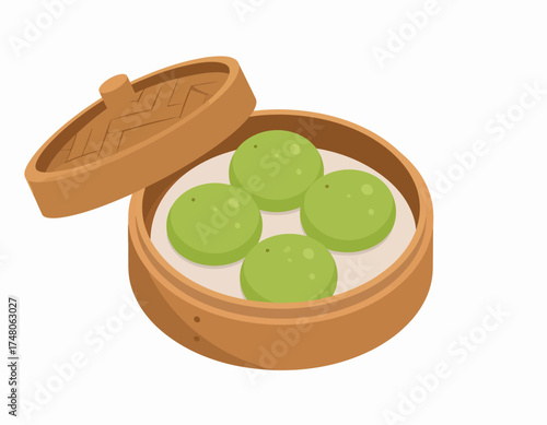 Illustration of a bamboo steamer basket with four green dumplings on a white background.