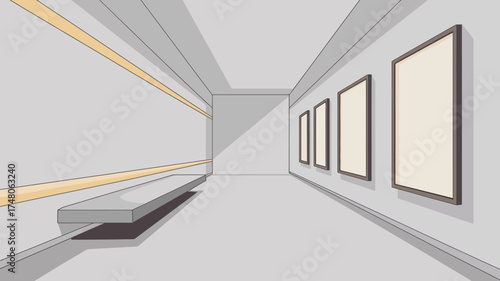 A minimalist art gallery interior featuring framed artwork and a simple bench along the wall space