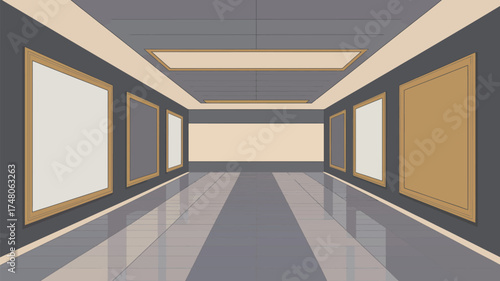 A cartoon art gallery with framed canvases hanging on the walls and a shiny floor and ceiling lights