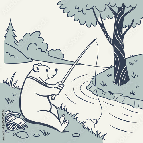 Vector art of a charming illustration of a bear sitting by a river, patiently fishing with a rod, surrounded by serene nature