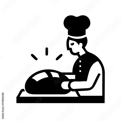 Vector art of a chef in a toque is slicing a loaf of bread on a cutting board, showcasing culinary skills and food preparation