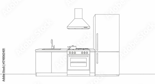 Modern Minimalist Kitchen Line Drawing with Stove, Sink and Refrigerator