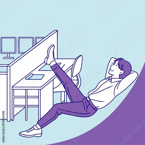 Vector art of a man relaxes with his feet up on the desk in his office cubicle, enjoying a moment of leisure and stress relief during the workday