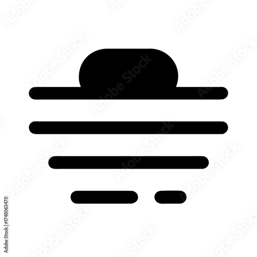 Vector art of a minimalist icon of a sunset over the ocean, featuring a rounded sun and horizontal lines representing the sea