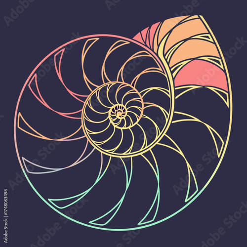 Vector art of a nautilus shell with a beautiful spiral pattern and vibrant gradient colors, creating an elegant and eyecatching design on a dark blue background