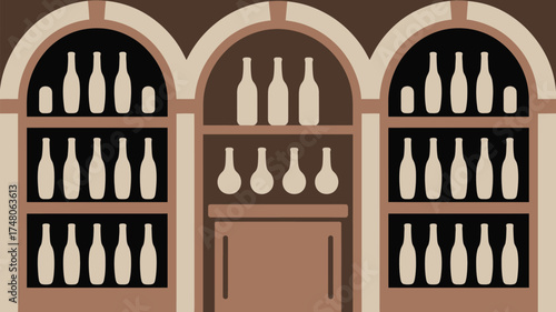 Illustration of a wine rack with multiple shelves and bottles in a brown and beige color scheme