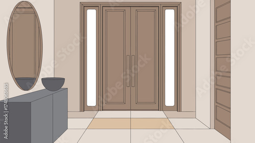 A minimalist entryway featuring a large oval mirror, a gray console table, and double doors with sidelights