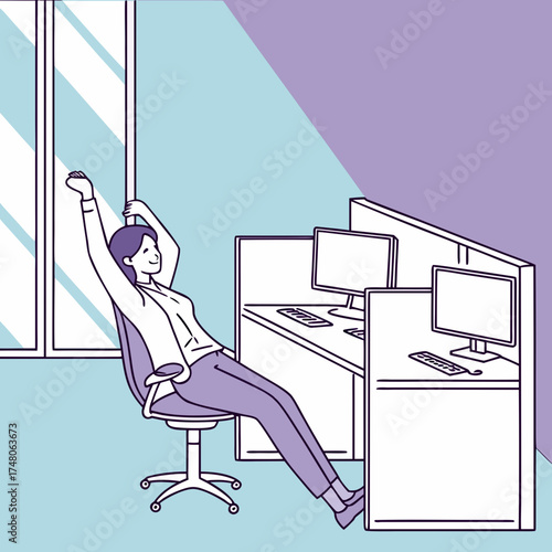 Vector art of a woman stretches in her office chair, taking a break from work in a cubicle, enjoying a moment of relaxation and stress relief during the workday