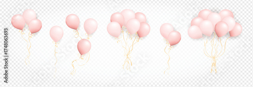 Realistic beige air balloons set isolated on transparent background. Bunch of pastel helium balloons. Set of One, two, three, six and nine 3D air balloons for anniversary, birthday, wedding, party