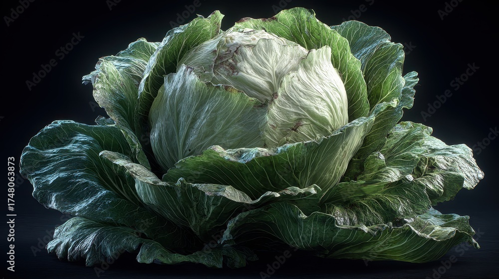 Obraz premium A close up, detailed studio shot of a fresh, green cabbage with visible water droplets on its leaves, presented in dramatic, dark lighting against a plain black background.