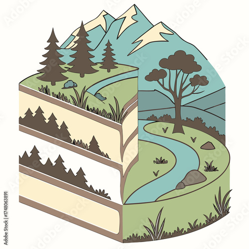 Vector art of isometric illustration of a crosssection of land showcasing mountains, trees, and a river, , revealing the earths layers