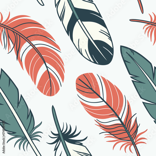 Vector art of seamless pattern of colorful feathers hand drawn vector illustration perfect for textile, wallpaper, wrapping paper, fabric, and design