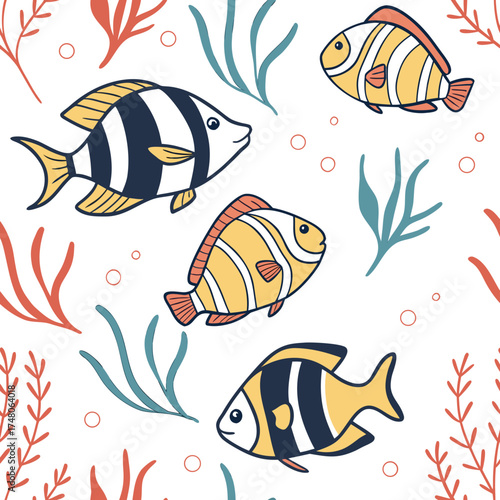 Vector art of seamless pattern with cute cartoon fishes and seaweed underwater world background vector illustration for fabric, textile, wrapping paper