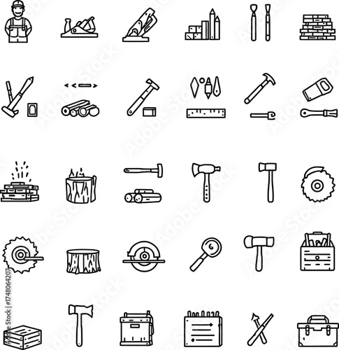 Woodworking and construction icon set in black line art featuring tools, hard hats, saws, chisels, logs, and toolboxes